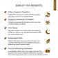 An infographic titled 'BARLEY TEA BENEFITS' with six bullet points describing benefits of barley tea, each accompanied by a small icon. The layout is on a white background with a vertical brown label on the right side.