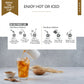 'BREW THE PERFECT CUP — ENJOY HOT OR ICED' heading showing cold brew and hot brew method steps, with a glass of iced mugicha, roasted barley, and a small cup below