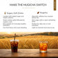 'MAKE THE MUGICHA SWITCH' heading comparing sugary soft drinks and mugicha side by side, with a soda cup and a glass of iced mugicha over a wheat field background