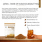 'JAPAN – HOME OF MUGICHA (BARLEY TEA)' heading with origin story text, a Mugicha product box, a mound of roasted barley, and a hand holding a glass of iced mugicha
