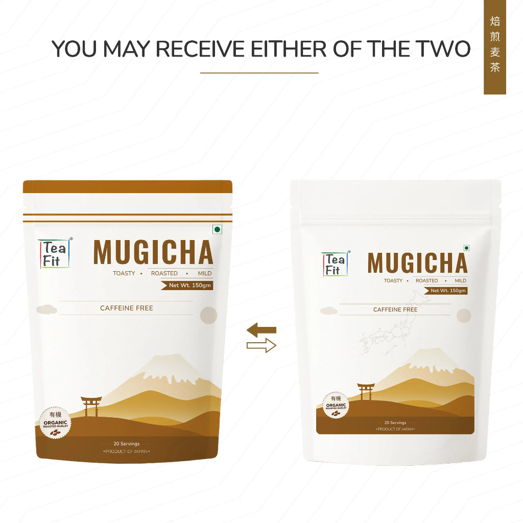 Two versions of the Tea Fit Mugicha product box shown side by side on a white background