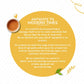Tea Fit brand story text on a yellow circular background with a cup of chai