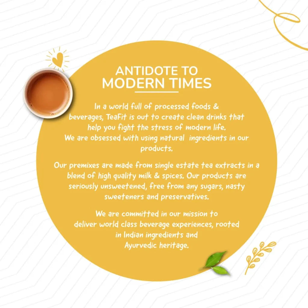 Tea Fit brand story text on a yellow circular background with a cup of chai