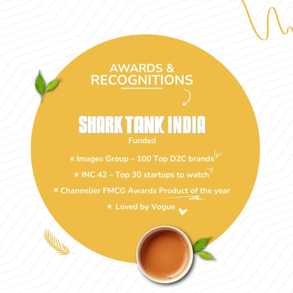 Tea Fit awards and recognition list including Shark Tank India, Images Group, INC 42, Channelier FMCG Award and Vogue