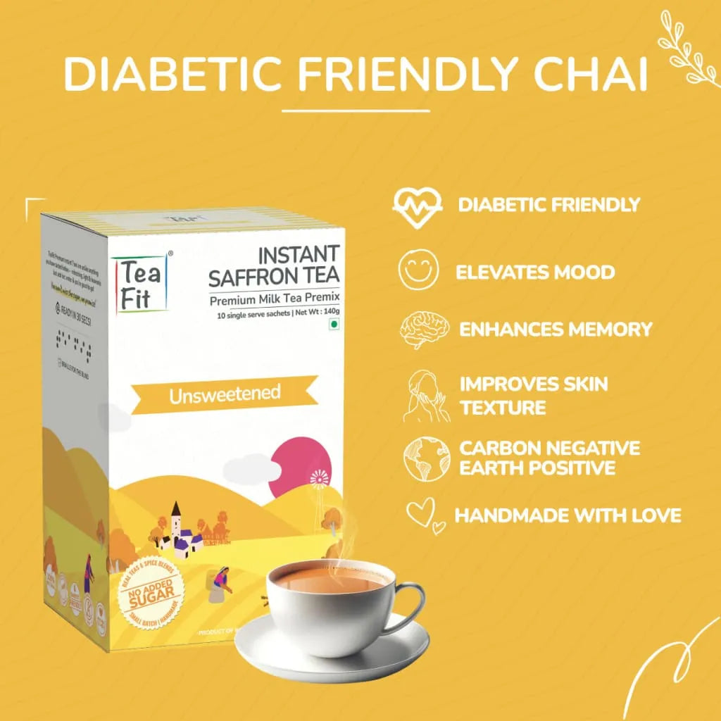 Tea Fit Instant Saffron Tea product box with a benefit icon list on a yellow background