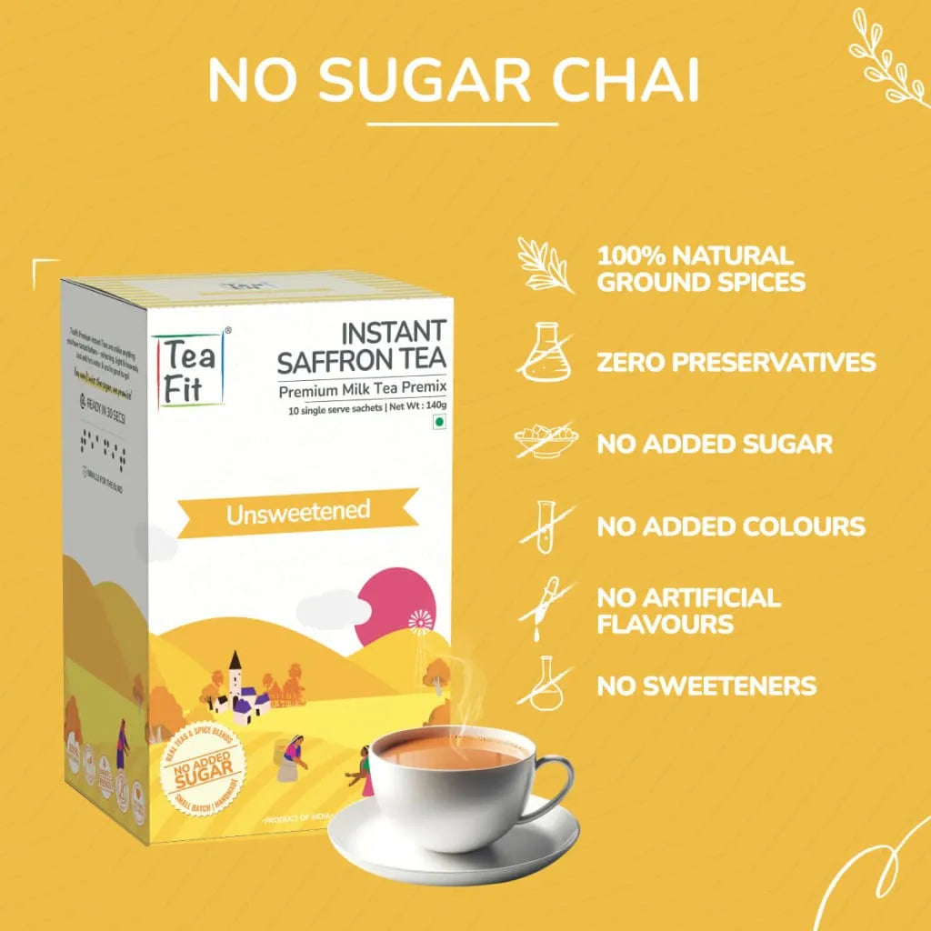 Tea Fit Instant Saffron Tea product box under 'NO SUGAR CHAI' heading, with icon list highlighting 100% natural ground spices, zero preservatives, no added sugar, no added colours, no artificial flavours, and no sweeteners, on a yellow background