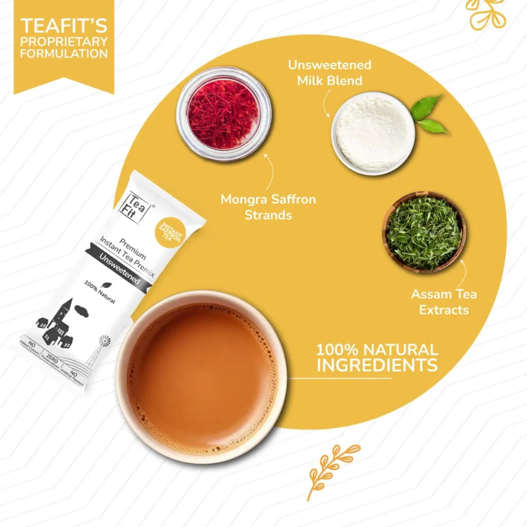 Tea Fit Saffron Tea sachet with a cup of brewed tea surrounded by raw ingredients including Mongra saffron strands, unsweetened milk blend, and Assam tea extract