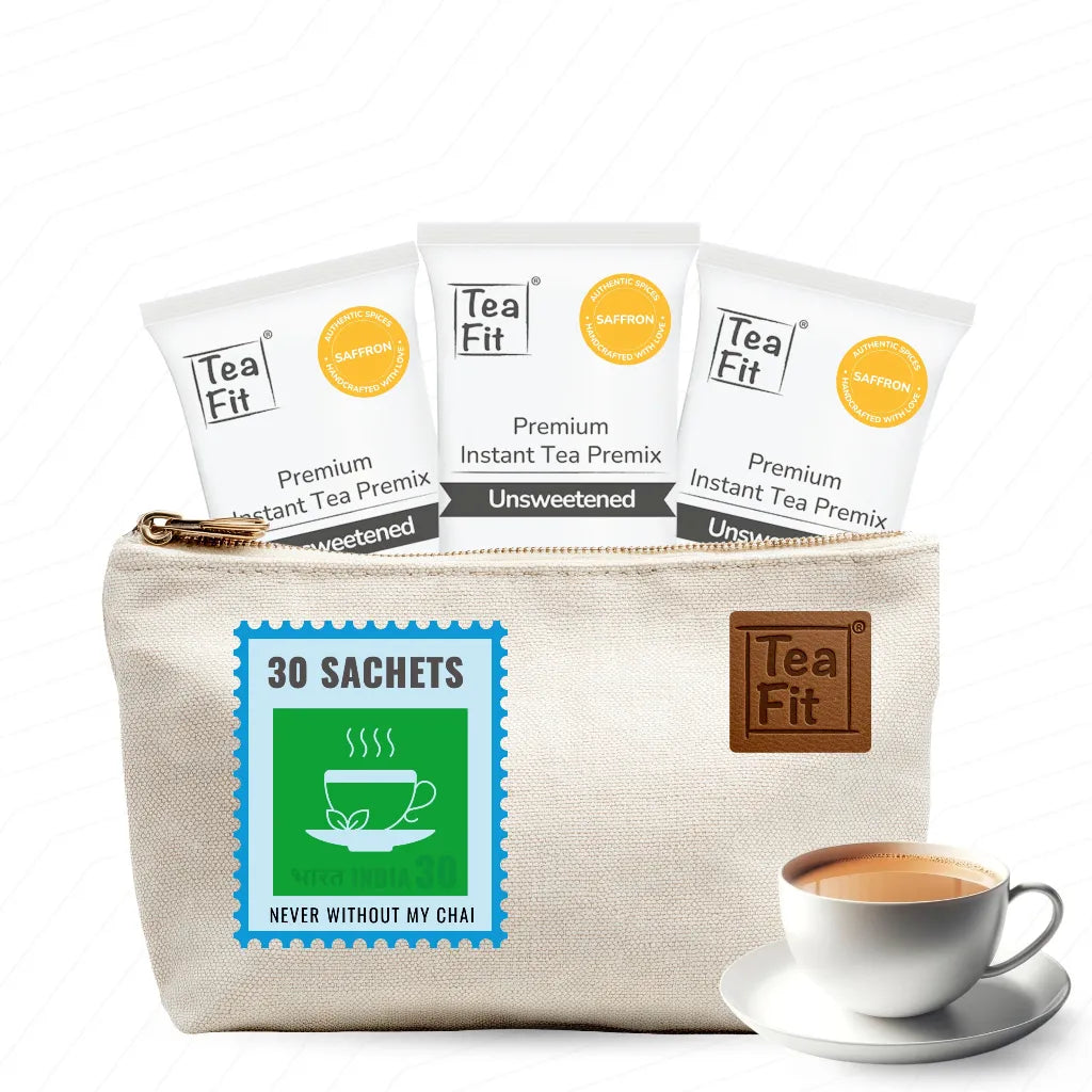 Tea Fit canvas travel pouch holding 30 sachets with a cup of chai beside it