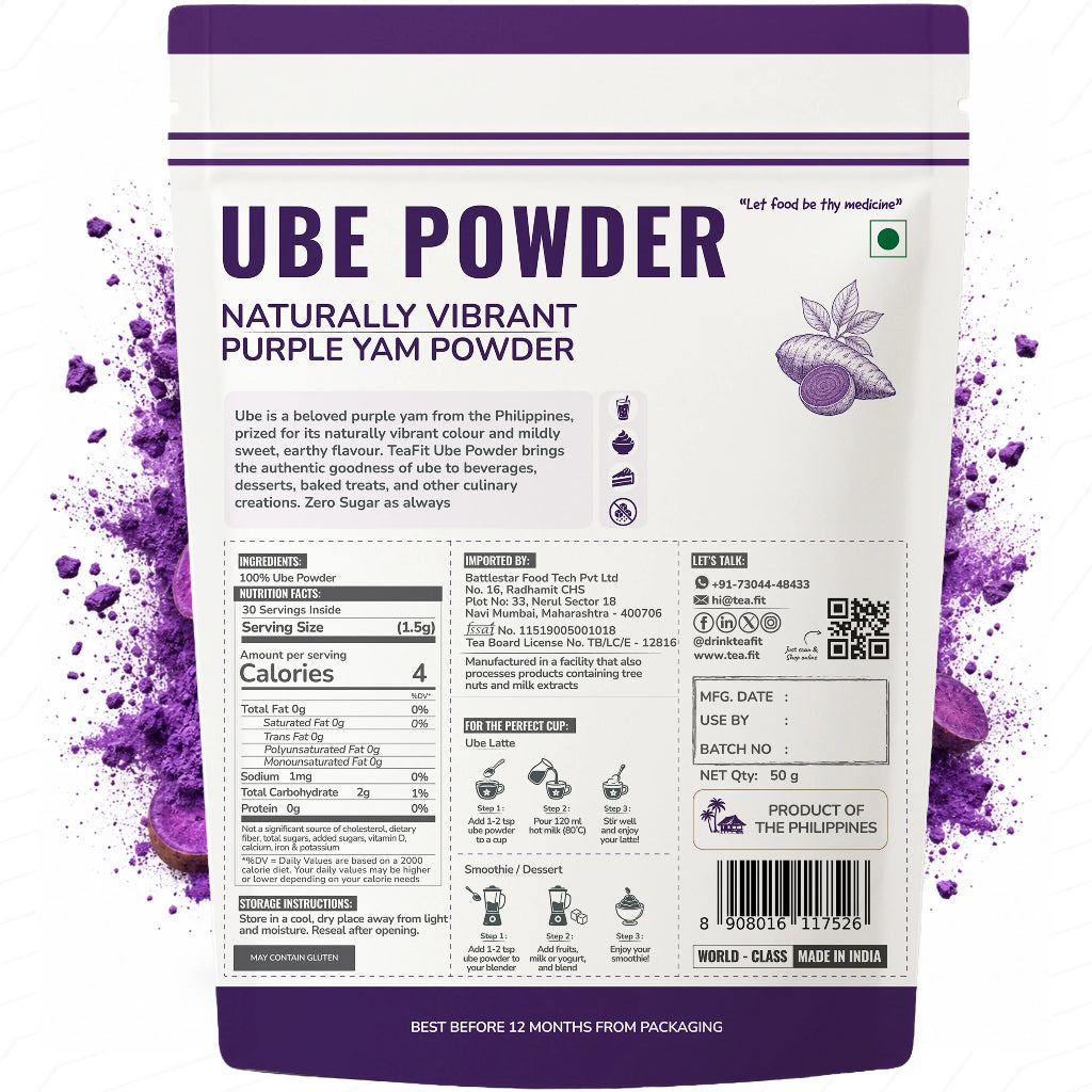 TeaFit Ube Powder pouch featuring nutritional facts, usage instructions, and purple yam illustrations on white background