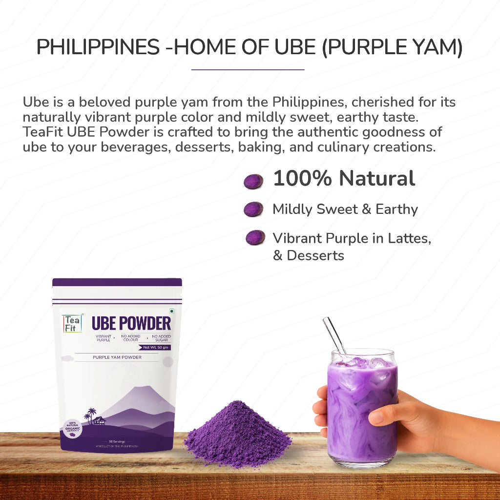 TeaFit Ube Powder pouch next to a glass of vibrant purple ube latte and a pile of finely milled purple yam powder.