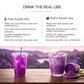 TeaFit Ube Powder comparison showing vibrant purple yam drinks and raw powder on a wooden table