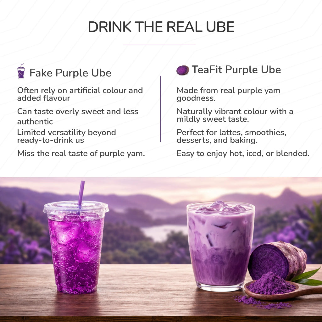 TeaFit Ube Powder comparison showing vibrant purple yam drinks and raw powder on a wooden table