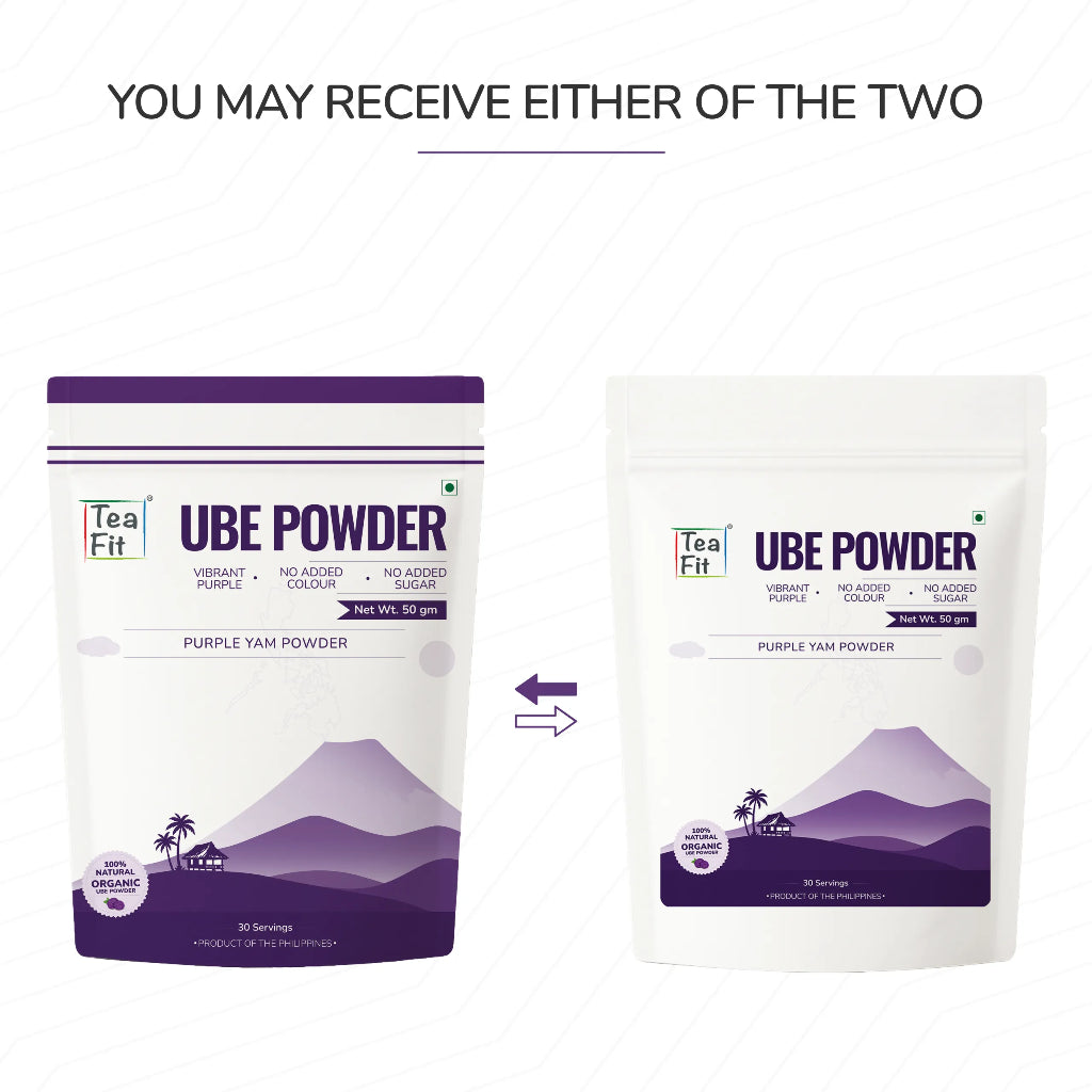 TeaFit Ube Powder in two pouch variations, featuring natural purple yam powder for vibrant baking and lattes.