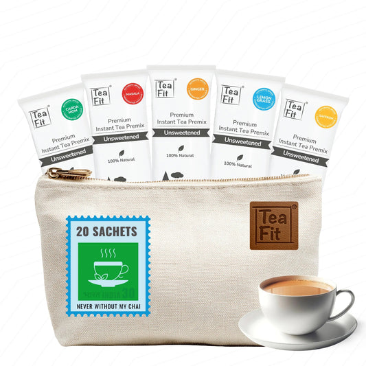 Tea Fit instant tea premix packages with a pouch and a cup of tea on a white background