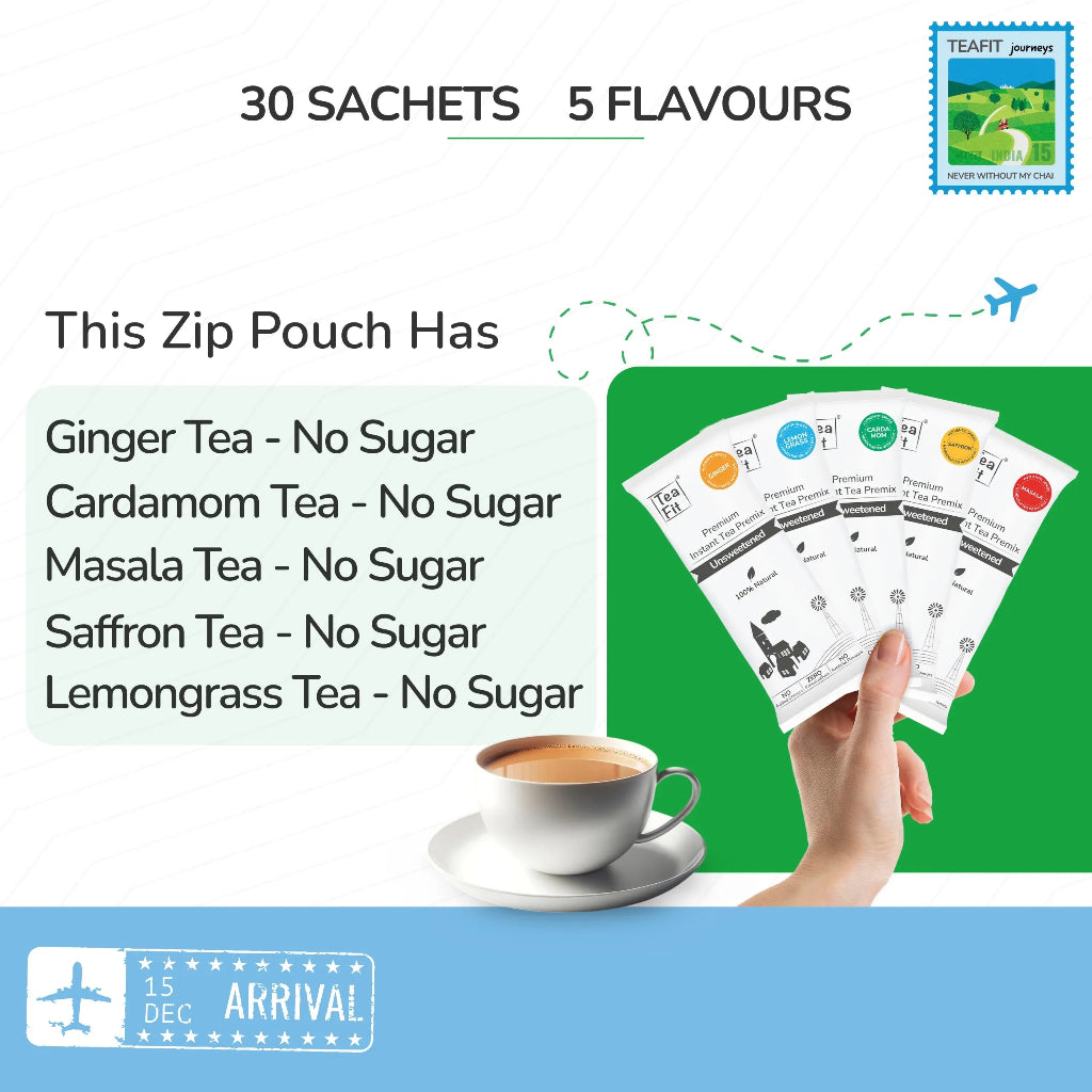 Tea sachets with flavors and a hand holding them, on a white background with branding elements.