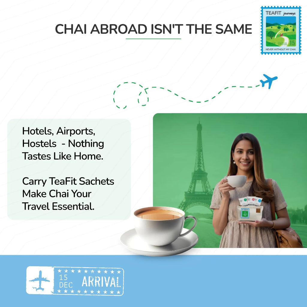 Promotional travel poster for TeaFit Sachets featuring a woman holding a cup and a box of TeaFit sachets in front of the Eiffel Tower, with text reading 'CHAI ABROAD ISN'T THE SAME' and 'Hotels, Airports, Hostels - Nothing Tastes Like Home.'.