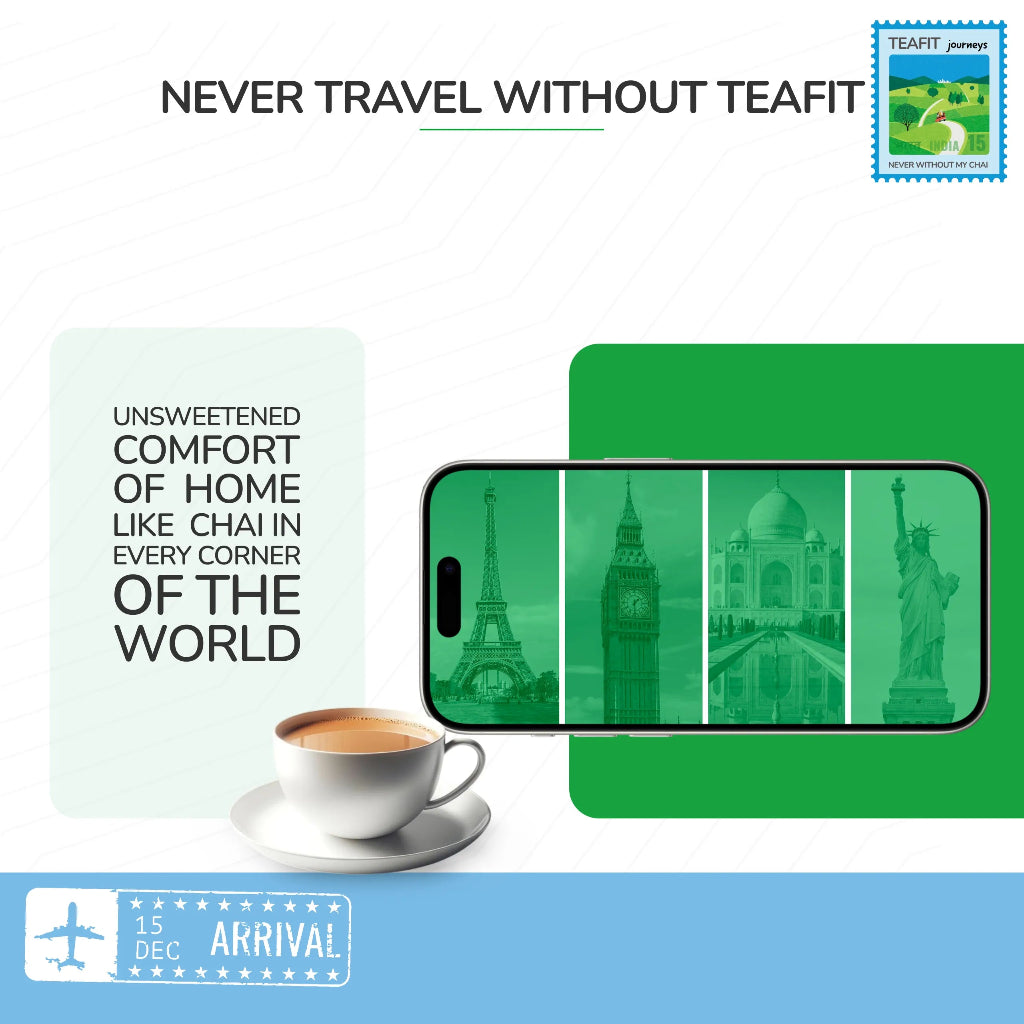 Tea product advertisement with world landmarks and promotional text on a white background