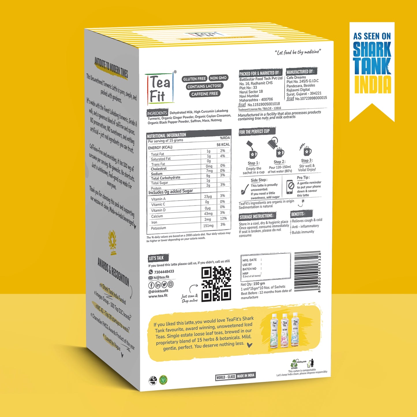 The back of a Tea Fit turmeric latte box shown on a yellow background, with product details, ingredients, instructions, QR code, and a Shark Tank India promotional badge.